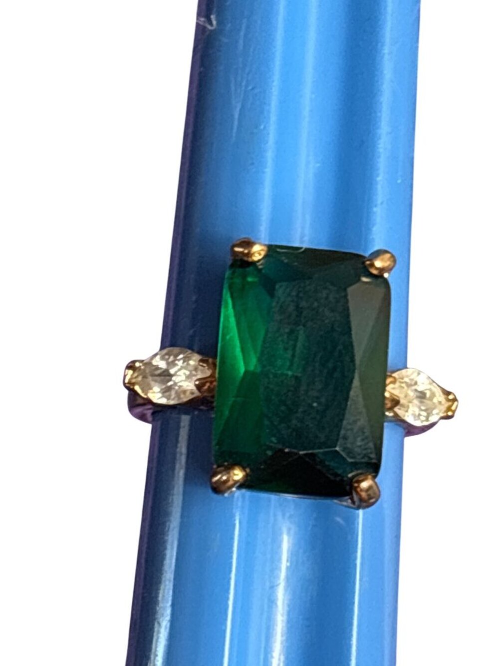 Rectangle Green Rhinestone Cocktail Ring Size 9.25 Clear Marquise Rhinestones